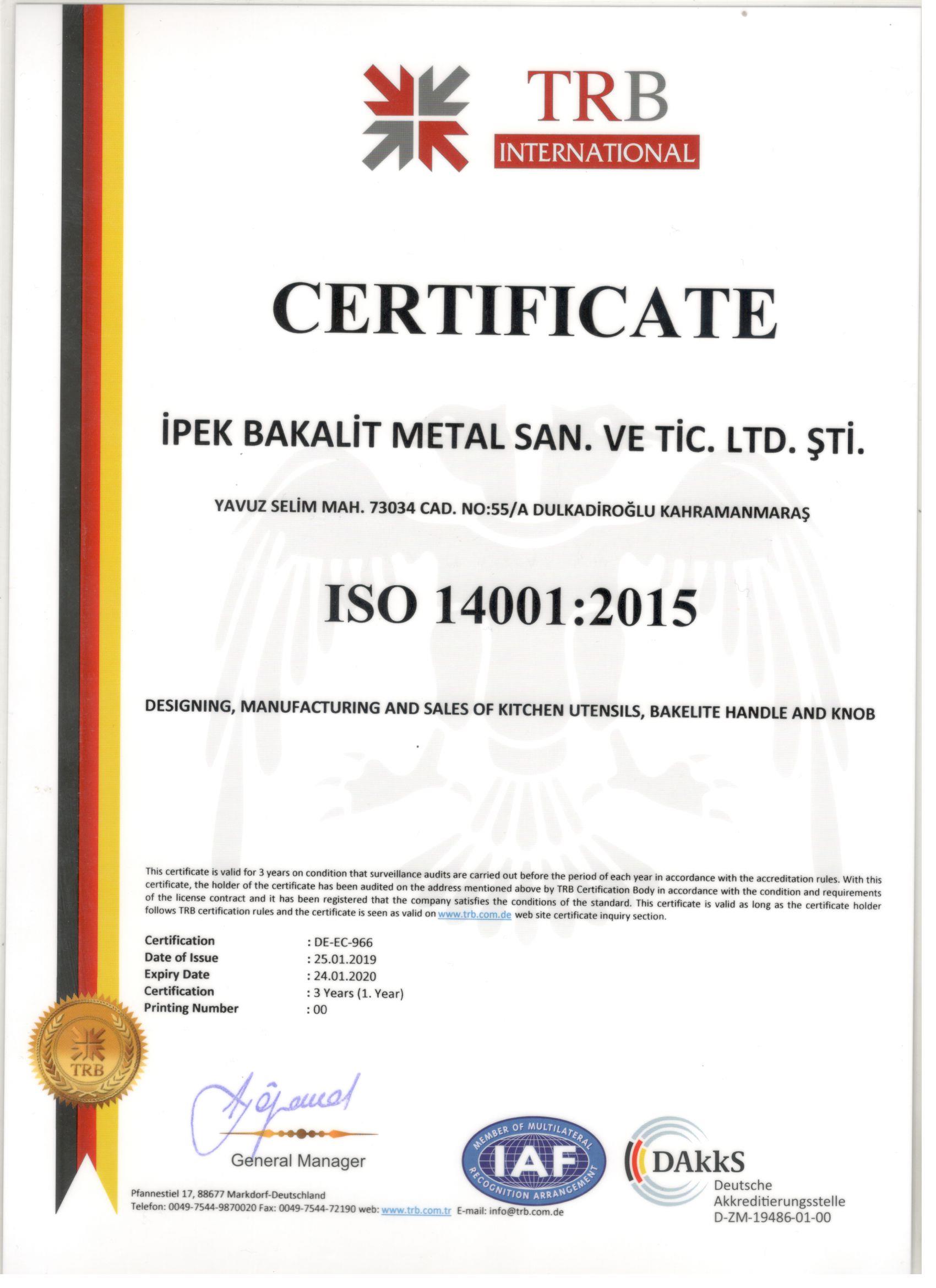 İpek Bakalit ISO 14001 Sertifikası